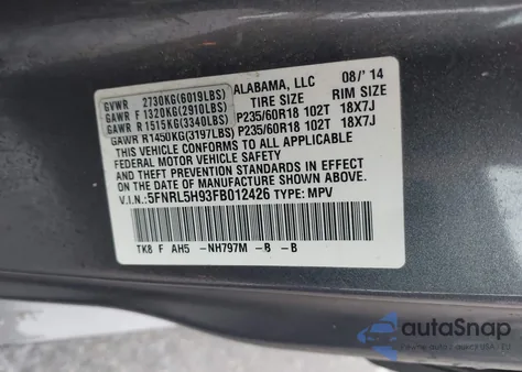 2015 Honda Odyssey Touring/Touring Elite from USA, damaged, VIN 5FNRL5H93FB012426